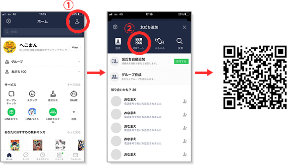 ①右上の友達追加をクリック、②QRコードのメニュークリック